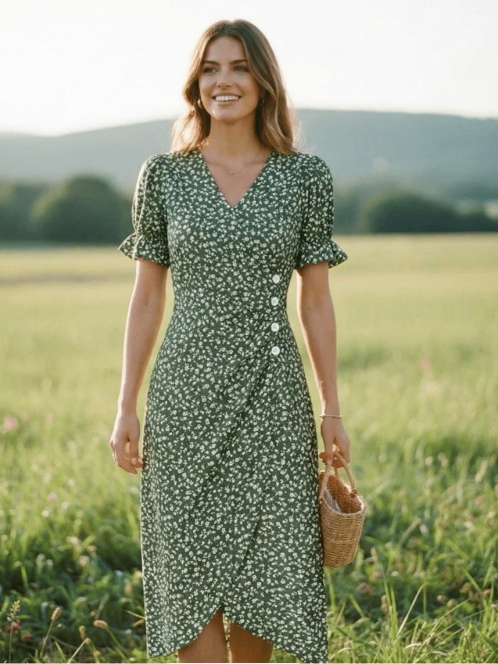 Green Floral faux Wrap Midi Dress with White Button Accents